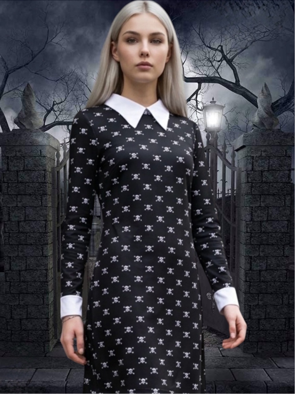 2 for $30 | Halloween Costume | Wednesday Addams Skull-Print Long-Sleeve Dress